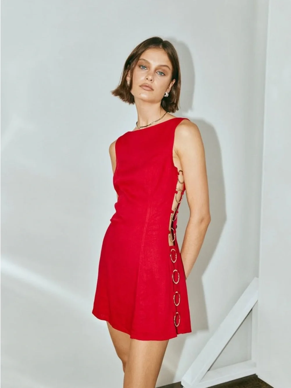 Red Mini Dress with Side Ring Detail - Picture 1 of 7